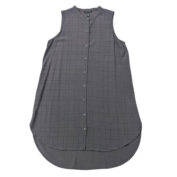 EILEEN FISHER Twill Mandarin Collared Tunic Blouse S Button Down Plaid Gray - Picture 1 of 12